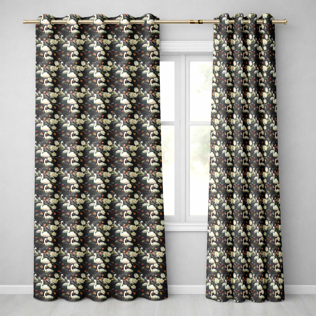 White Swan Tulip Floral Seamless Pattern Elegant Water Garden Design  Readymade Eyelet Ring Top Thermal 100% Blackout Curtains