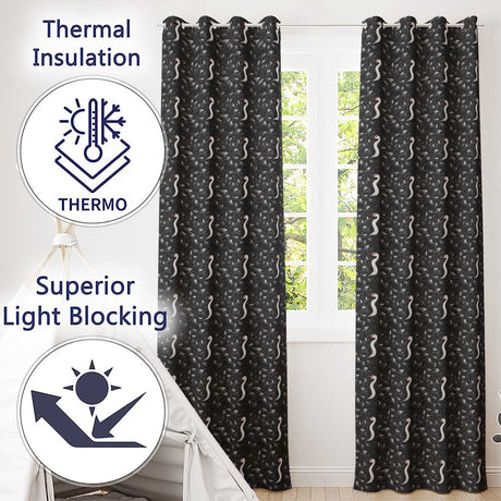 Modern Black Swan Abstract Seamless Pattern Stylish Feather Design  Readymade Eyelet Ring Top Thermal 100% Blackout Curtains