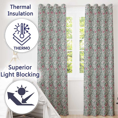 Vintage Botanical Floral Vine Pattern with Red Flowers Seamless  Readymade Eyelet Ring Top Thermal 100% Blackout Curtains