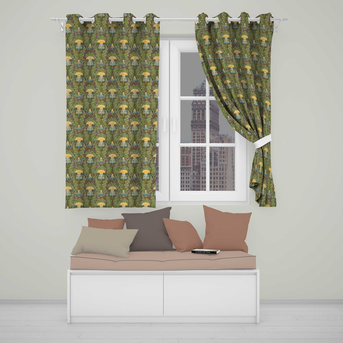 Vintage Art Nouveau Floral Thistle Pattern in Green Seamless  Readymade Eyelet Ring Top Thermal 100% Blackout Curtains