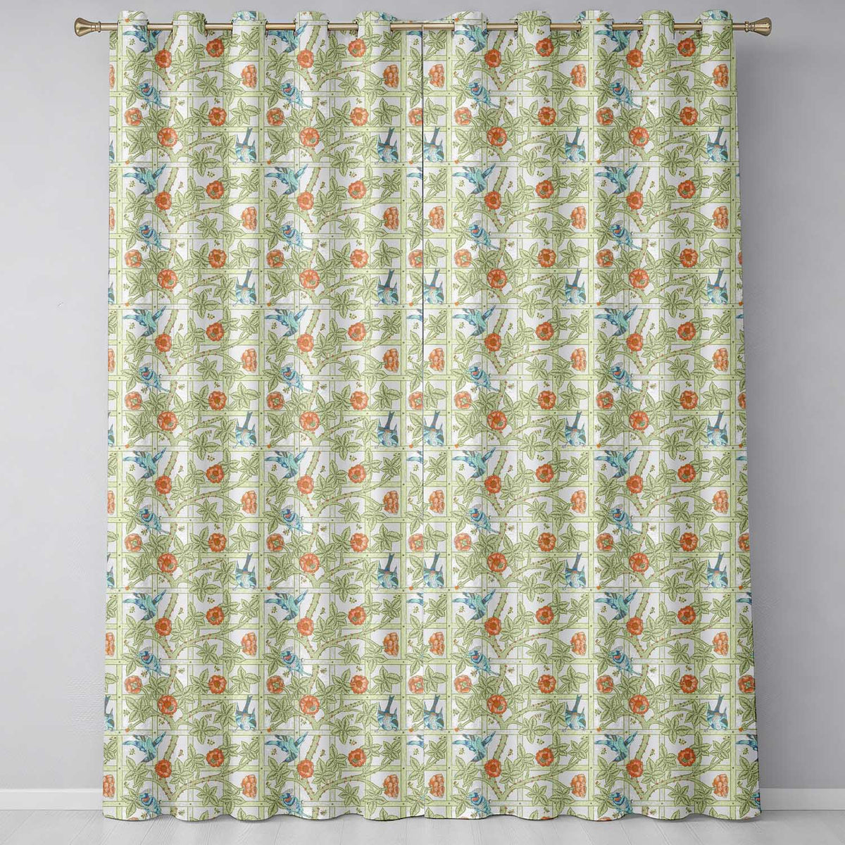 Vintage Birds and Roses Trellis Garden Pattern Seamless  Readymade Eyelet Ring Top Thermal 100% Blackout Curtains