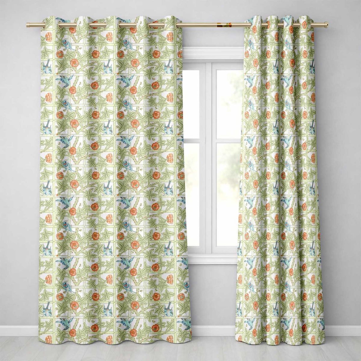 Vintage Birds and Roses Trellis Garden Pattern Seamless  Readymade Eyelet Ring Top Thermal 100% Blackout Curtains