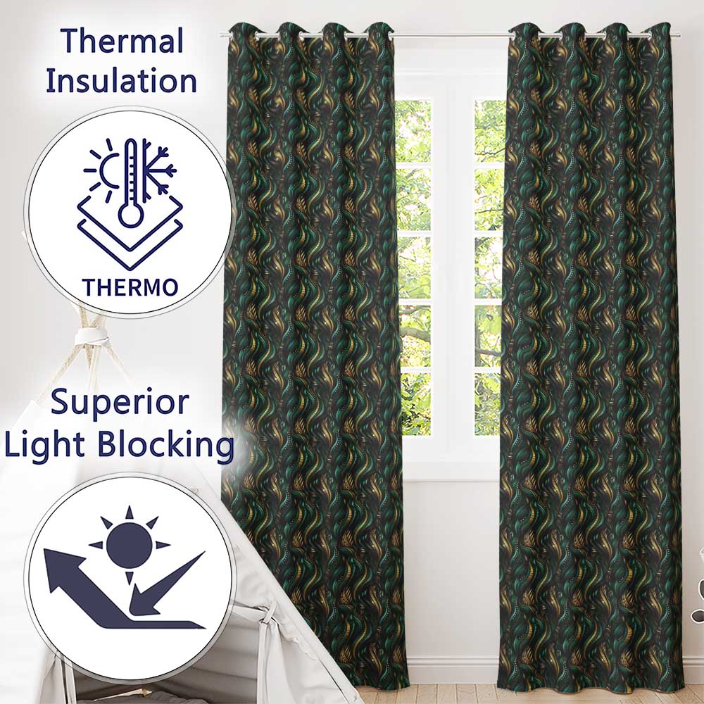 Luxury Art Deco Gold Teal Abstract Wave Pattern Seamless  Readymade Eyelet Ring Top Thermal 100% Blackout Curtains