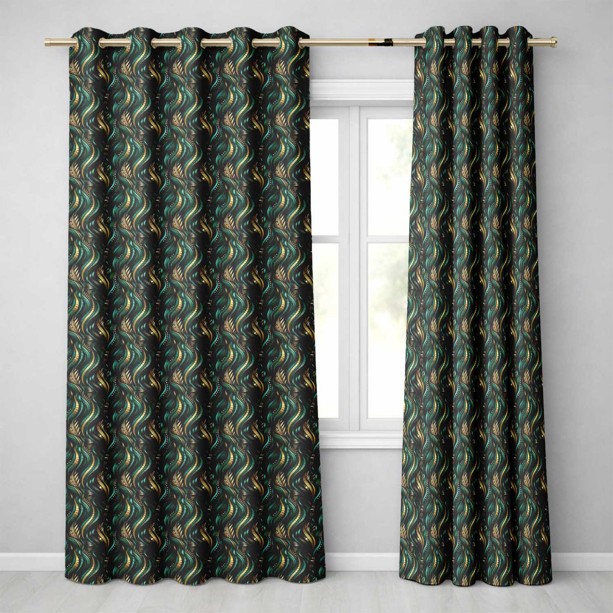 Luxury Art Deco Gold Teal Abstract Wave Pattern Seamless  Readymade Eyelet Ring Top Thermal 100% Blackout Curtains