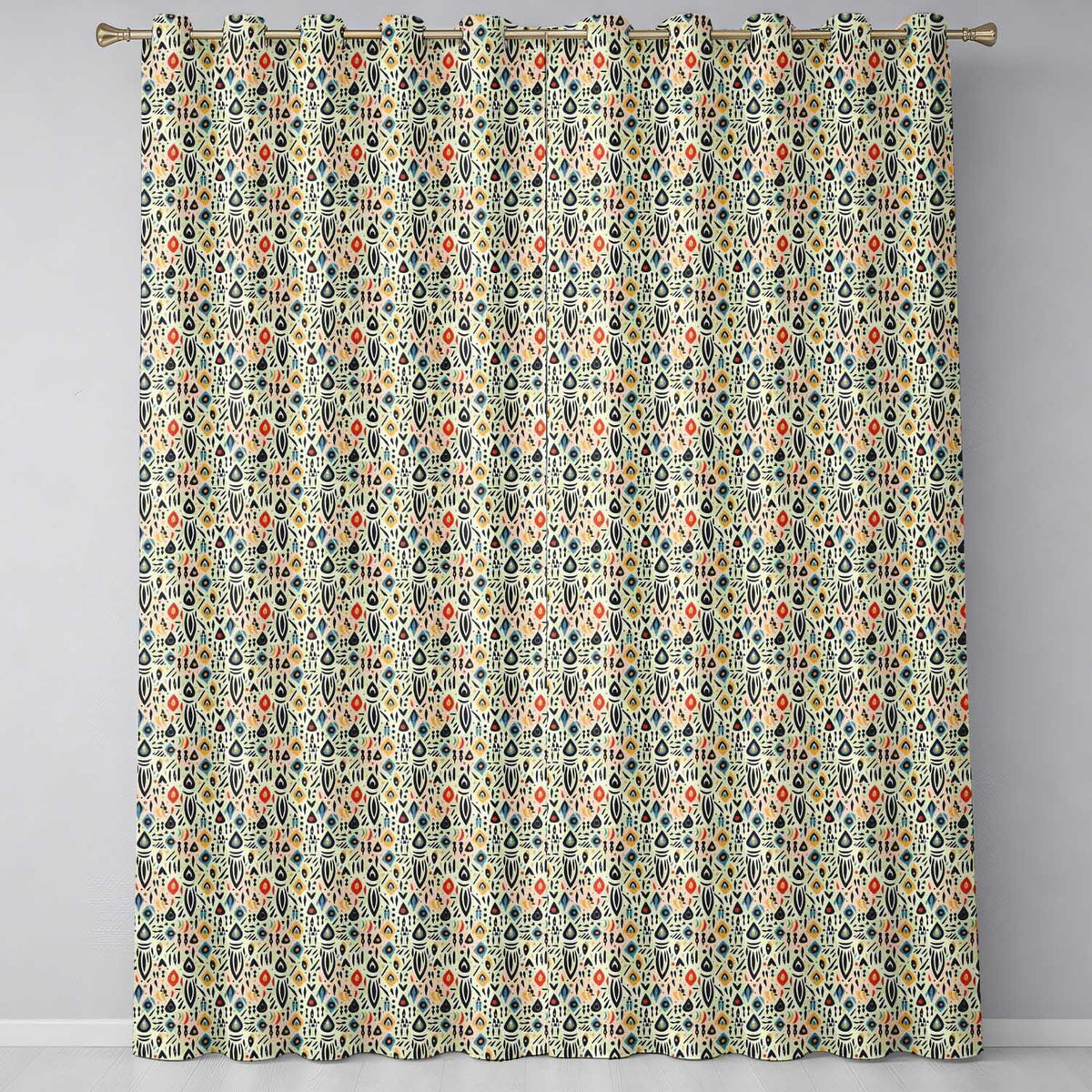 Modern Abstract Tribal Shapes Pattern on Cream Seamless  Readymade Eyelet Ring Top Thermal 100% Blackout Curtains