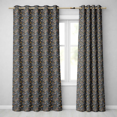 Dark Abstract Doodle Icons Pattern with Yellow Blue Seamless  Readymade Eyelet Ring Top Thermal 100% Blackout Curtains