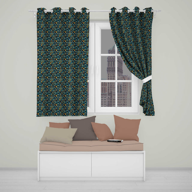 Luxury Teal Gold Geometric Art Deco Floral Pattern Seamless  Readymade Eyelet Ring Top Thermal 100% Blackout Curtains