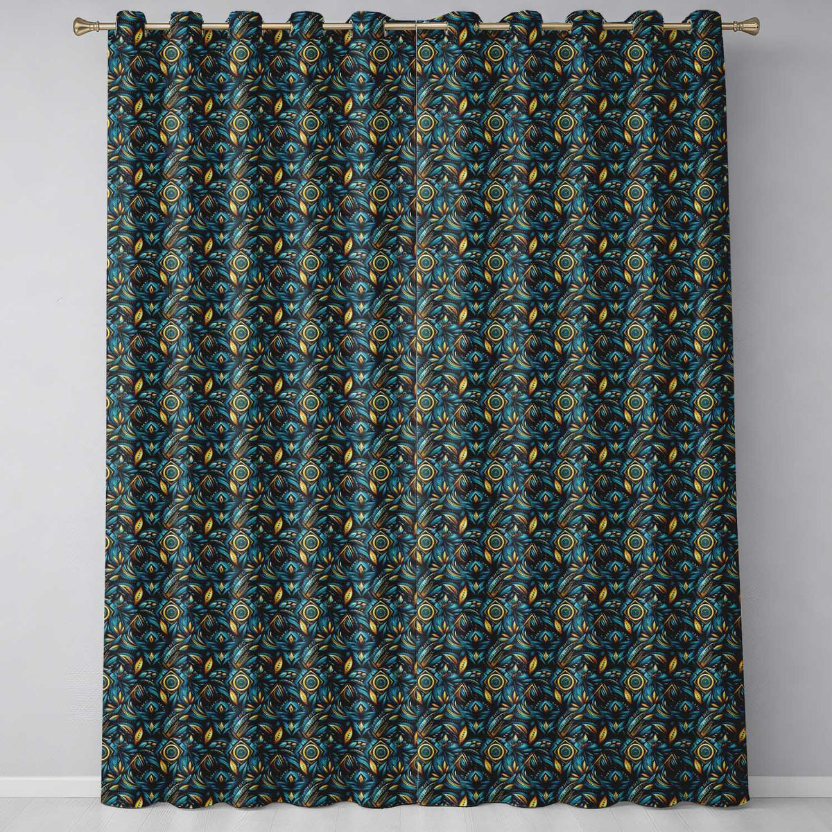 Luxury Teal Gold Geometric Art Deco Floral Pattern Seamless  Readymade Eyelet Ring Top Thermal 100% Blackout Curtains