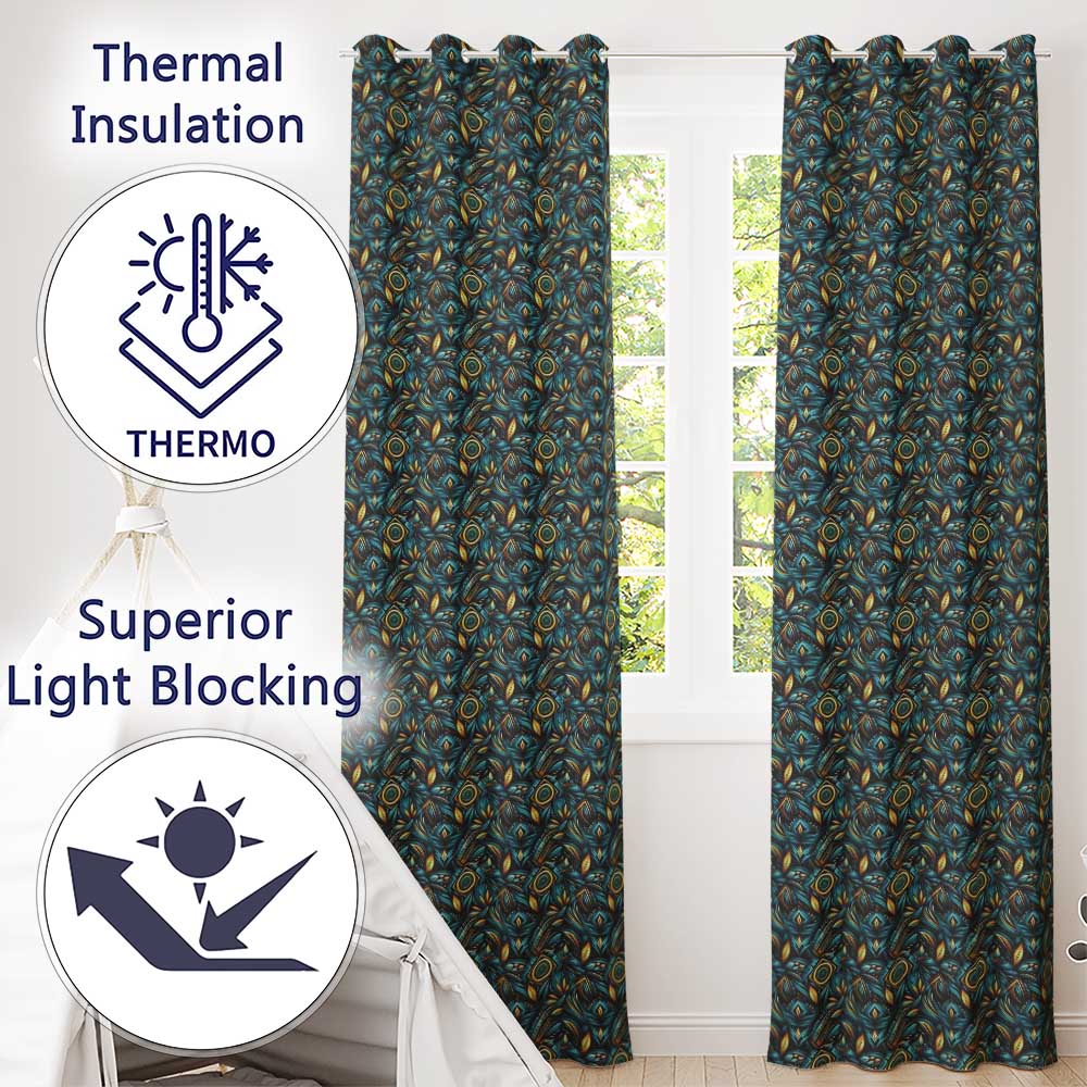 Luxury Teal Gold Geometric Art Deco Floral Pattern Seamless  Readymade Eyelet Ring Top Thermal 100% Blackout Curtains