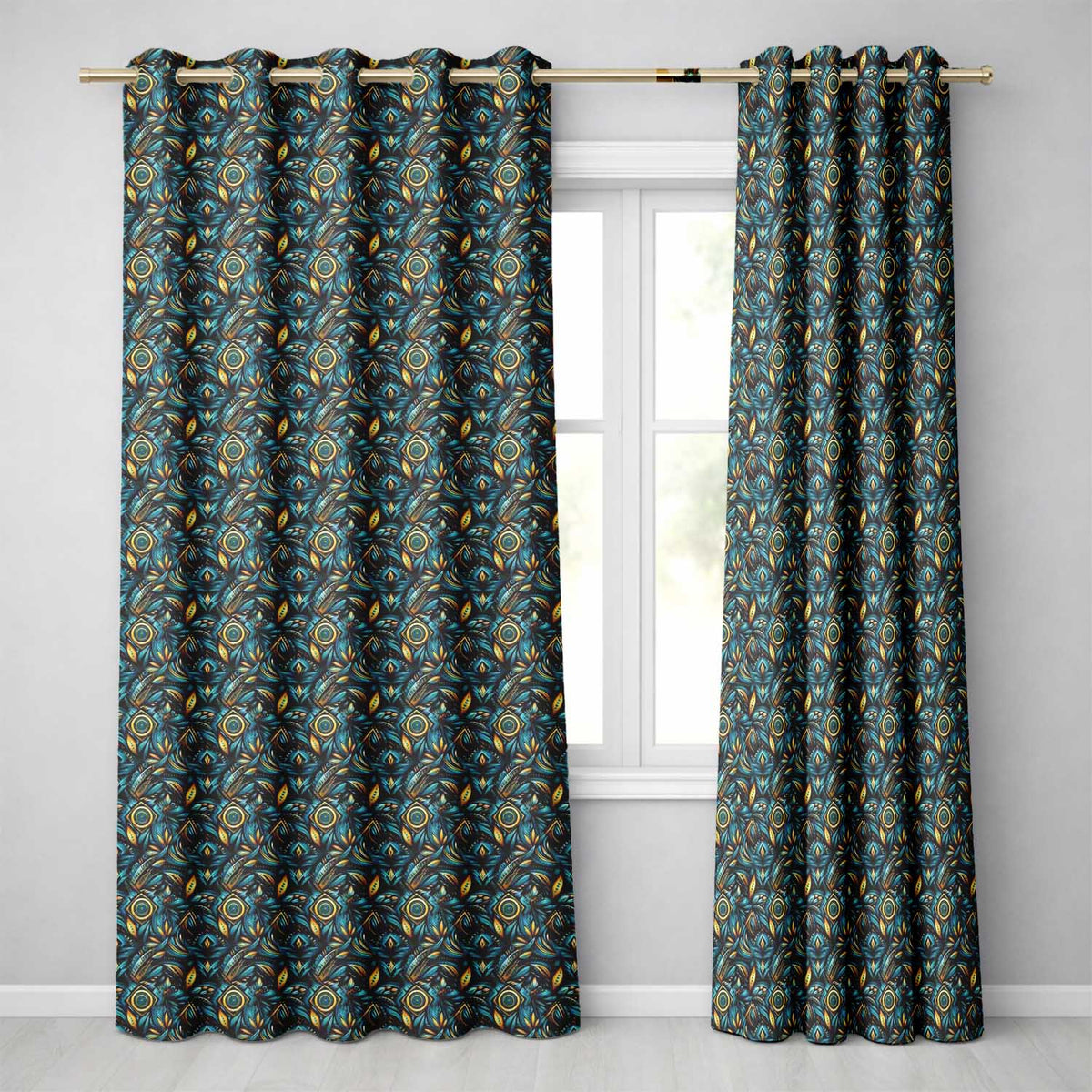 Luxury Teal Gold Geometric Art Deco Floral Pattern Seamless  Readymade Eyelet Ring Top Thermal 100% Blackout Curtains