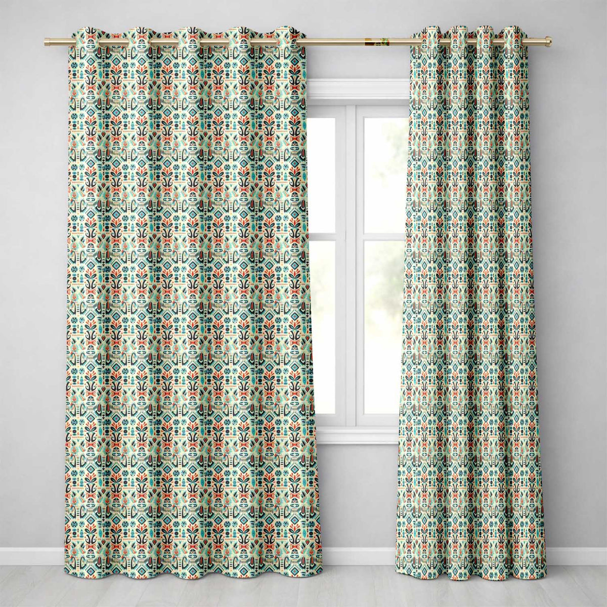 Modern Scandinavian Folk Art Pattern with Floral Shapes Seamless  Readymade Eyelet Ring Top Thermal 100% Blackout Curtains