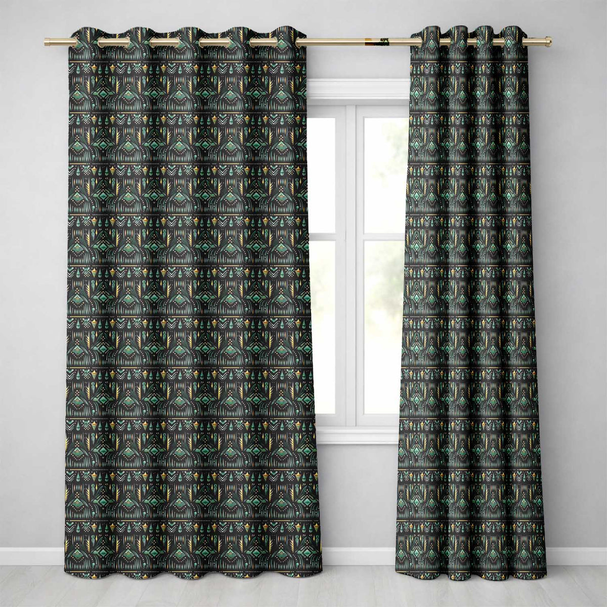 Dark Tribal Geometric Ethnic Pattern in Gold Teal Seamless  Readymade Eyelet Ring Top Thermal 100% Blackout Curtains