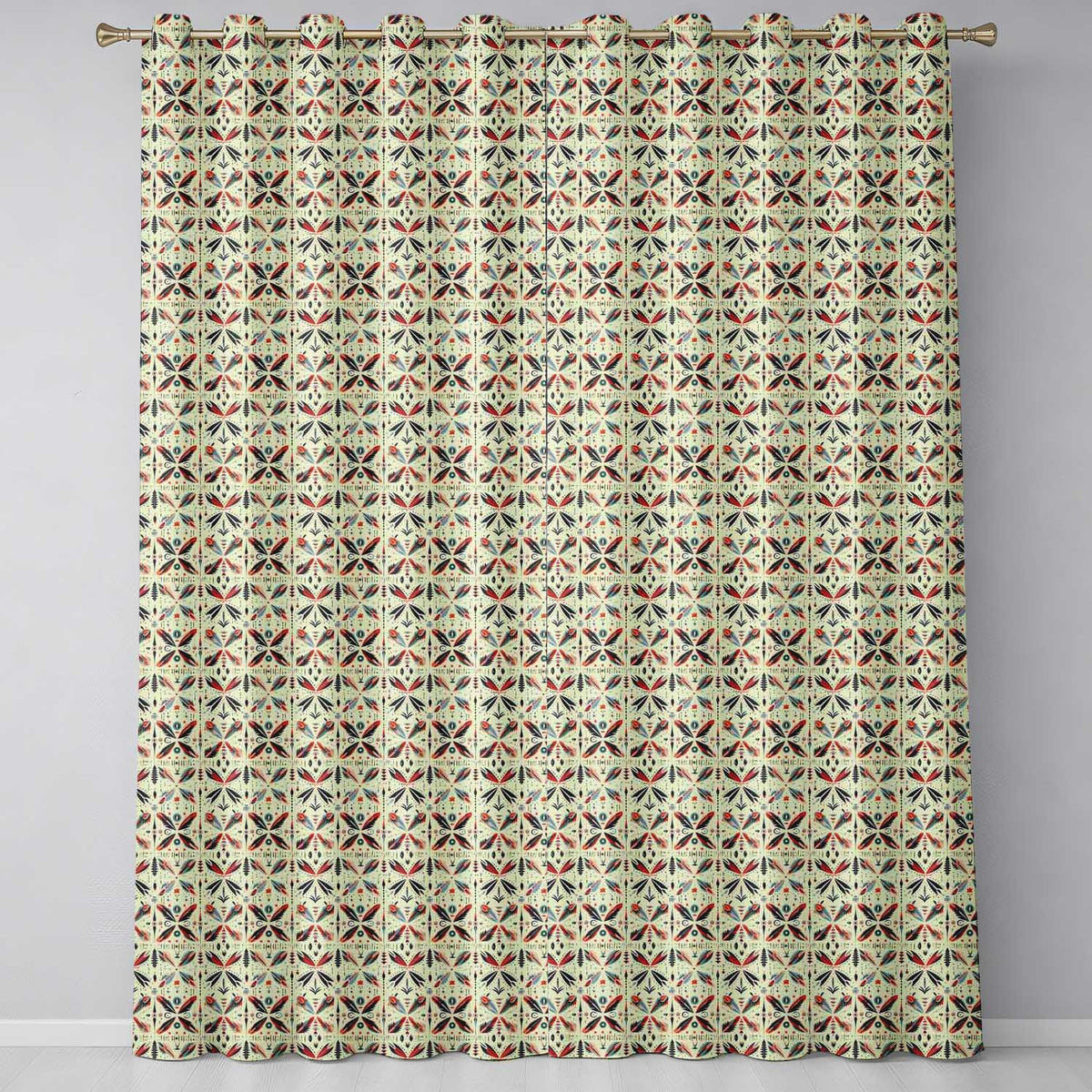 Abstract Retro Geometric Floral Pattern in Red Blue Seamless  Readymade Eyelet Ring Top Thermal 100% Blackout Curtains