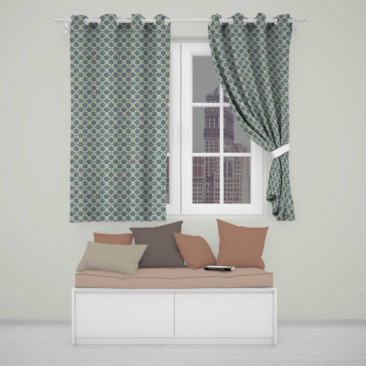 Classic Blue Damask Floral Pattern Elegant Seamless  Readymade Eyelet Ring Top Thermal 100% Blackout Curtains