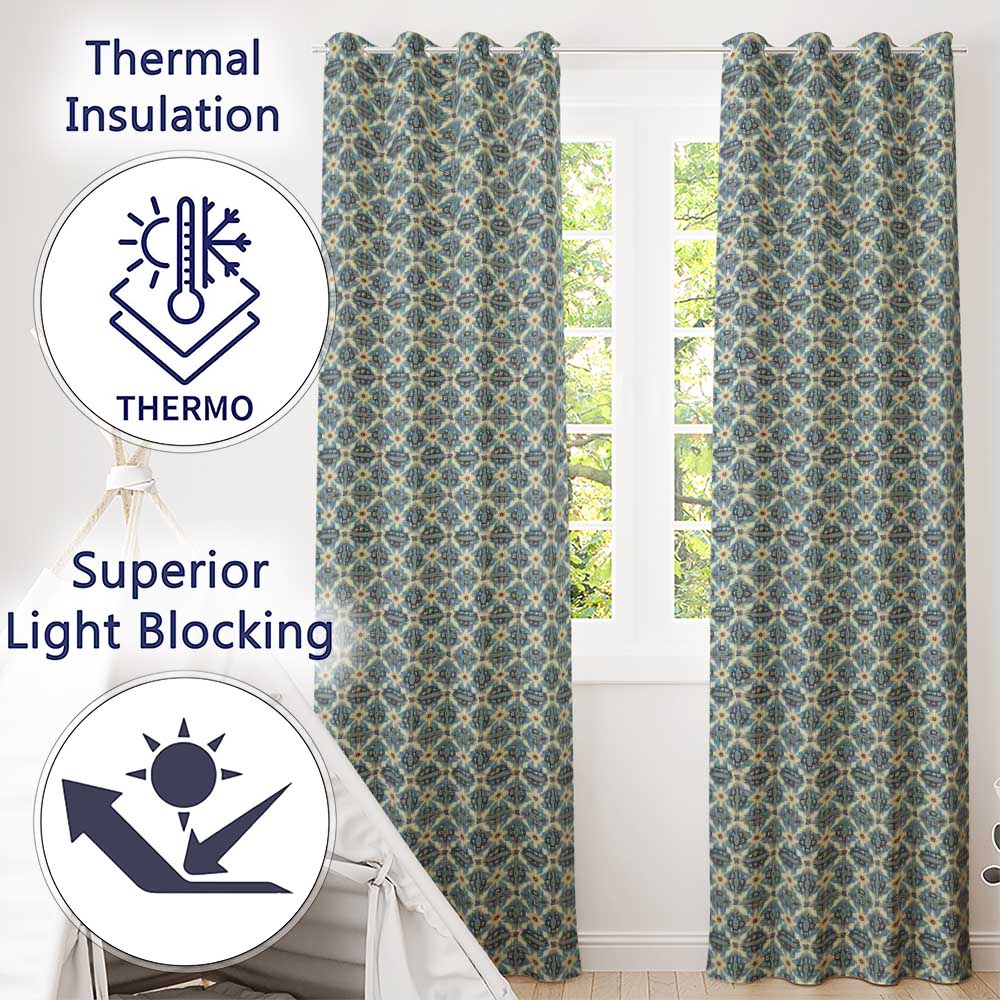 Classic Blue Damask Floral Pattern Elegant Seamless  Readymade Eyelet Ring Top Thermal 100% Blackout Curtains