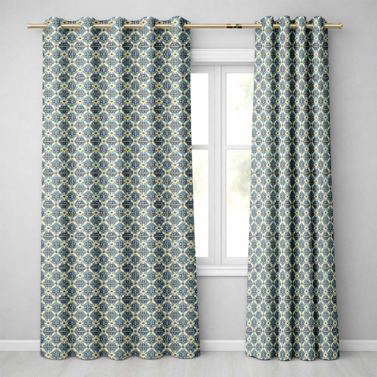 Classic Blue Damask Floral Pattern Elegant Seamless  Readymade Eyelet Ring Top Thermal 100% Blackout Curtains