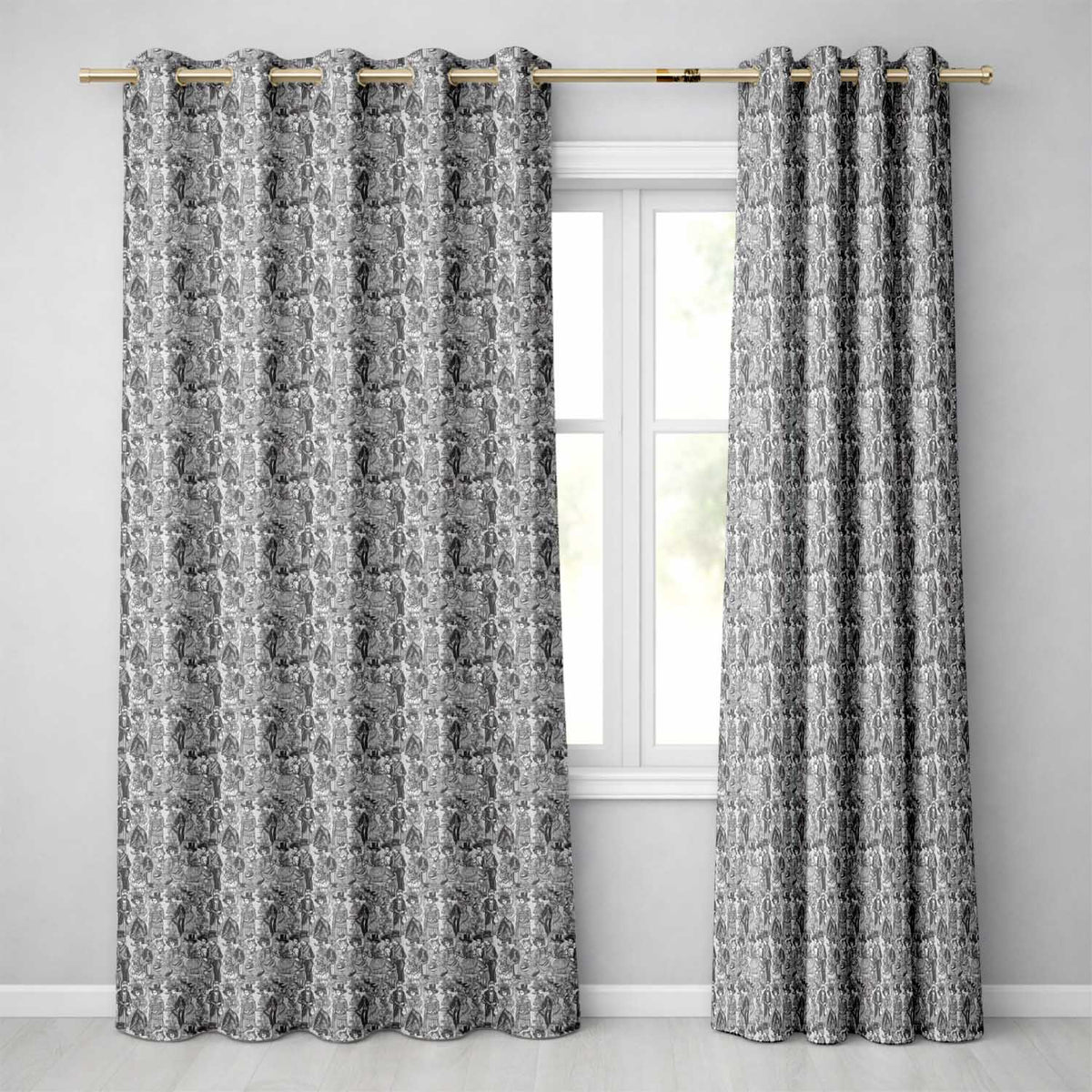Antique Victorian Society Illustration Pattern Monochrome Seamless  Readymade Eyelet Ring Top Thermal 100% Blackout Curtains