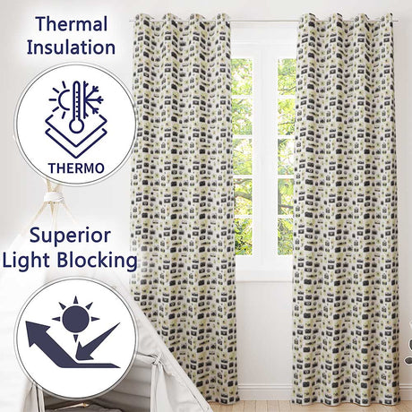 Retro Camera Collection Pattern Minimal Beige Seamless  Readymade Eyelet Ring Top Thermal 100% Blackout Curtains