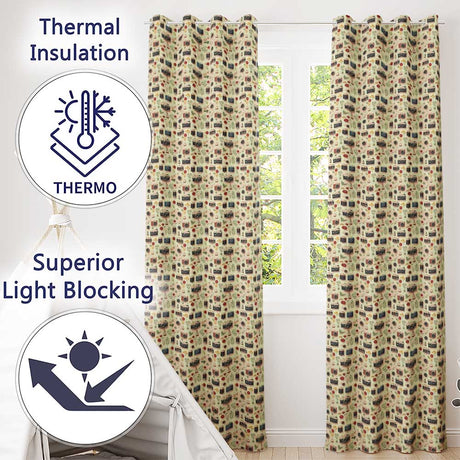 Vintage Cameras and Floral Elements Pattern Seamless  Readymade Eyelet Ring Top Thermal 100% Blackout Curtains