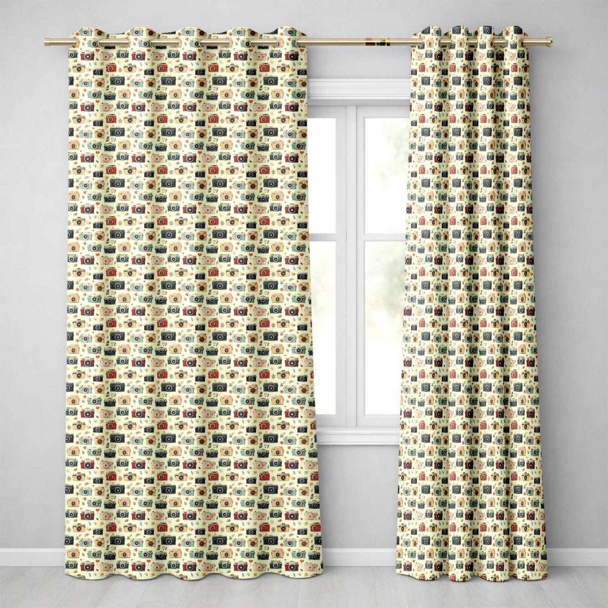 Vintage Retro Camera Pattern with Floral Elements Seamless  Readymade Eyelet Ring Top Thermal 100% Blackout Curtains
