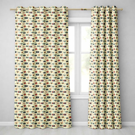 Vintage Retro Camera Pattern with Floral Elements Seamless  Readymade Eyelet Ring Top Thermal 100% Blackout Curtains