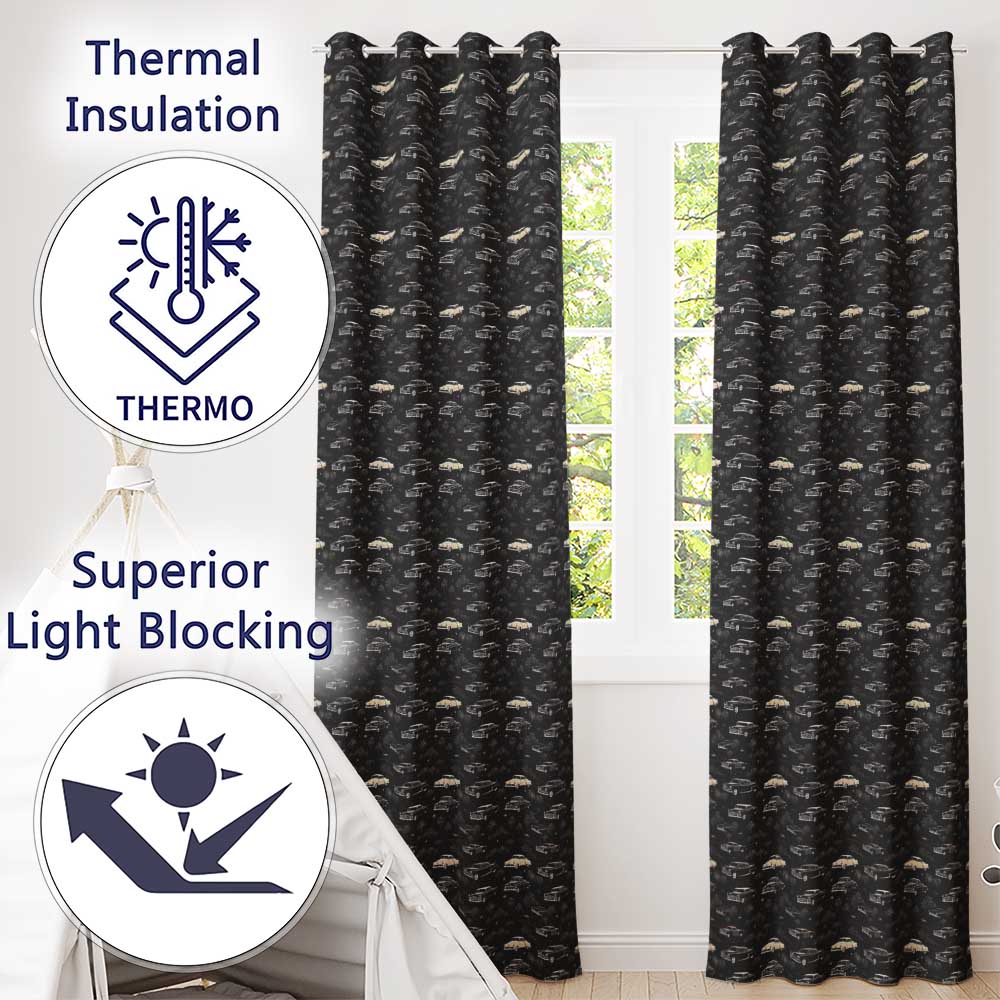 Classic Vintage Cars and Palm Trees Night Pattern Seamless  Readymade Eyelet Ring Top Thermal 100% Blackout Curtains