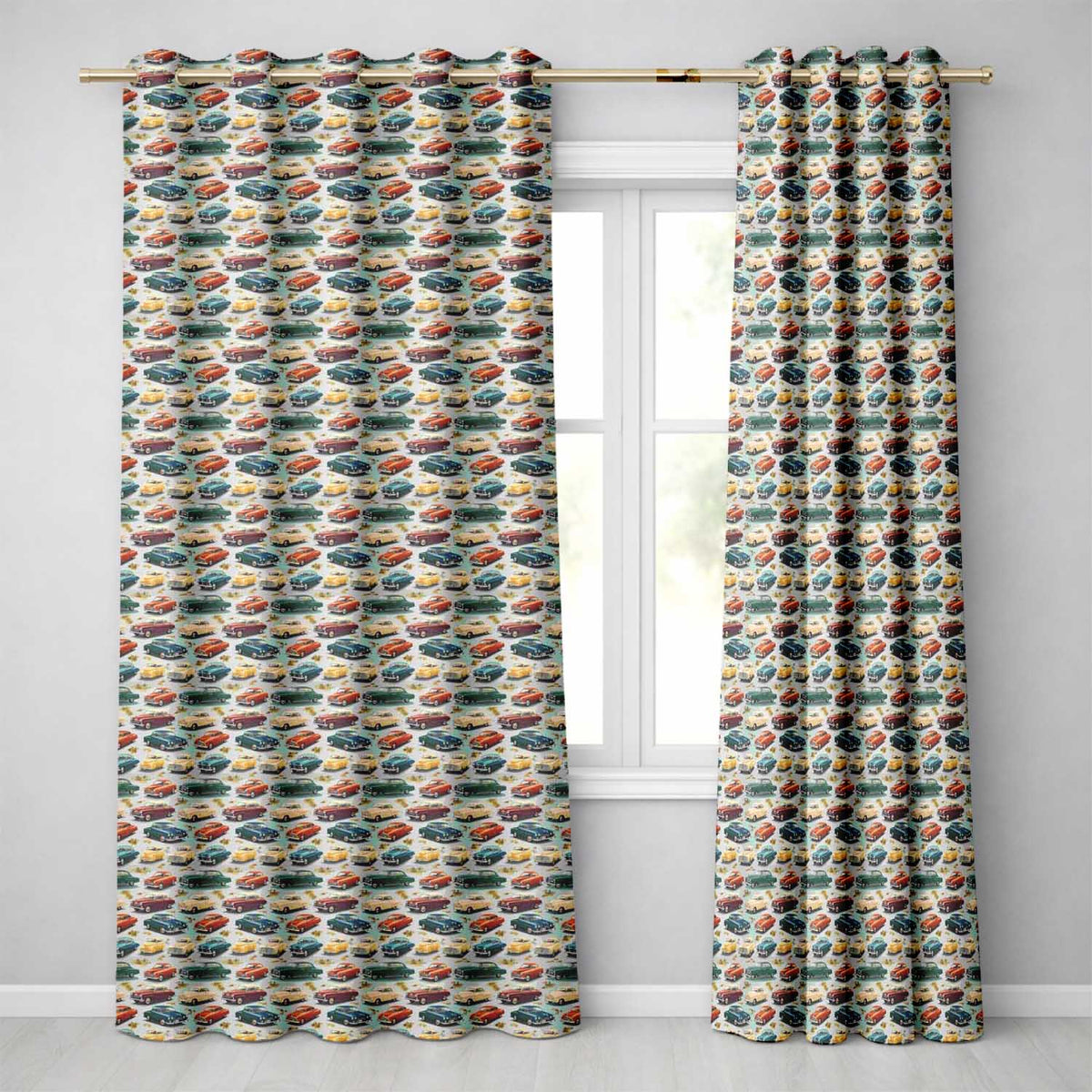 Colorful Retro Cars Autumn Leaves Pattern Seamless  Readymade Eyelet Ring Top Thermal 100% Blackout Curtains