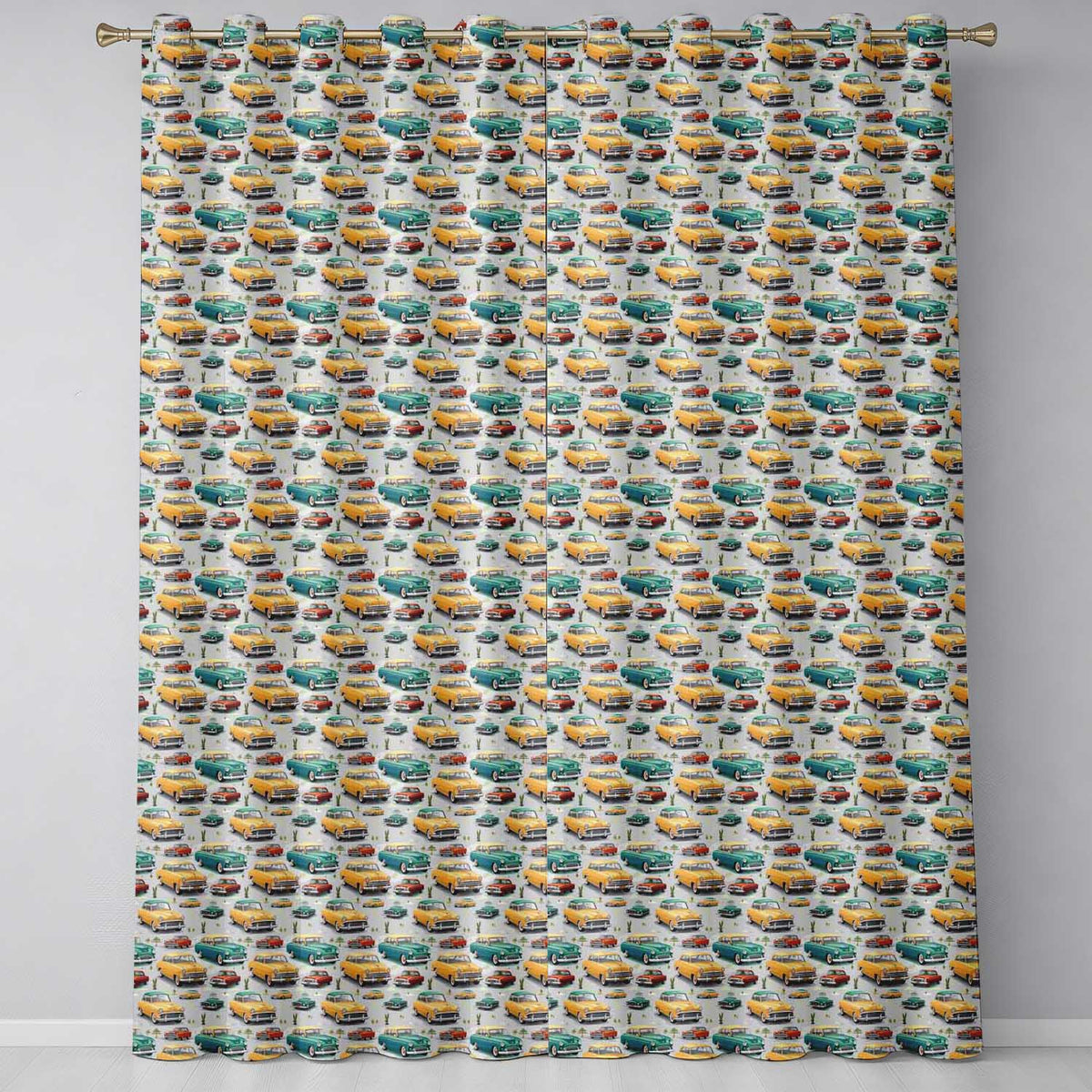 Mid Century Classic Cars Scenic Pattern Seamless  Readymade Eyelet Ring Top Thermal 100% Blackout Curtains