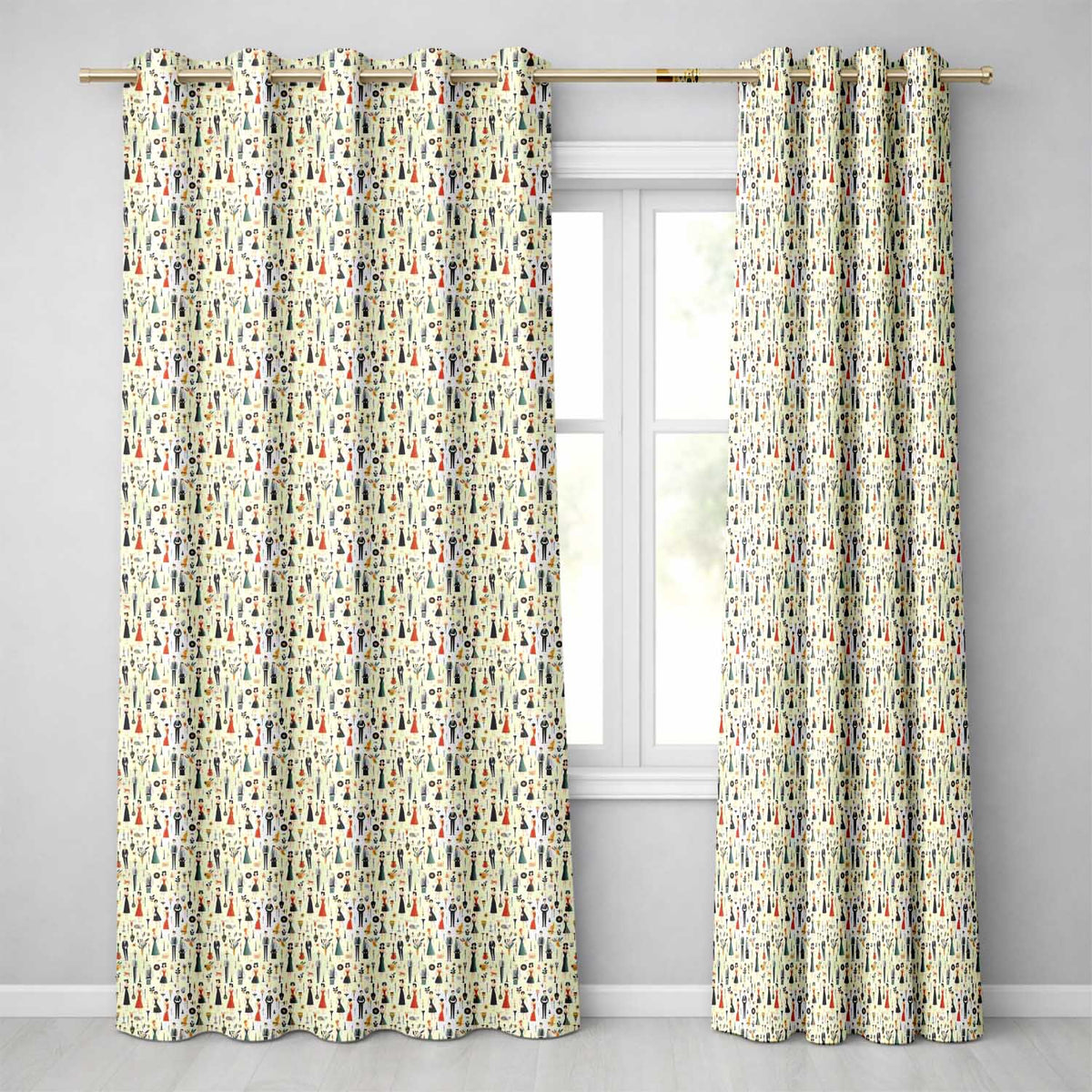 Retro Party People Music Fashion Pattern Seamless  Readymade Eyelet Ring Top Thermal 100% Blackout Curtains