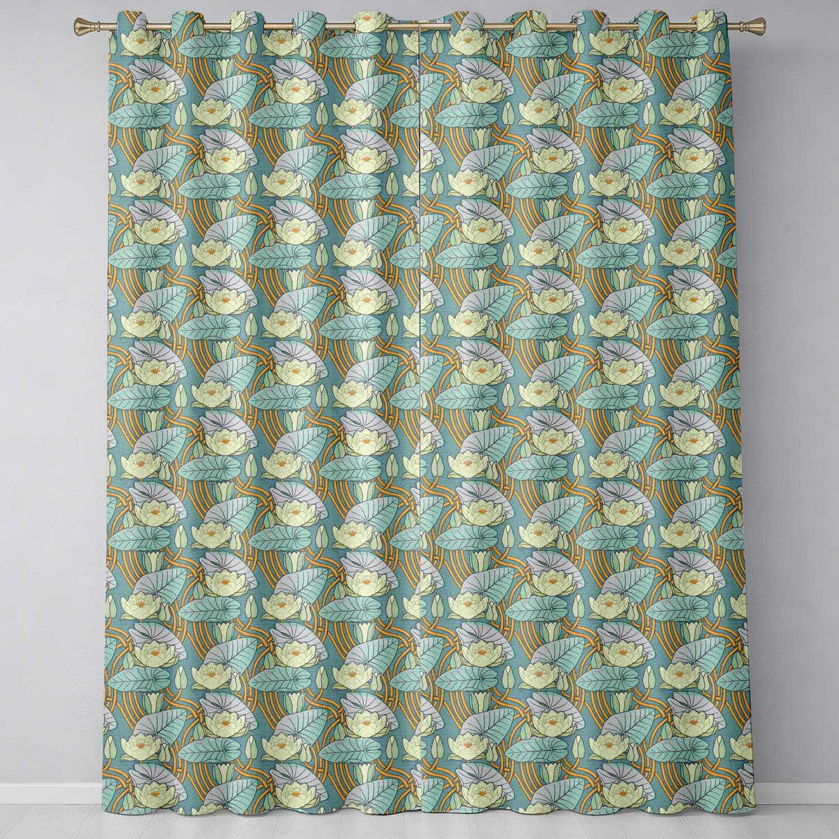 Art Nouveau Lily Pond Floral Seamless Pattern  Readymade Eyelet Ring Top Thermal 100% Blackout Curtains
