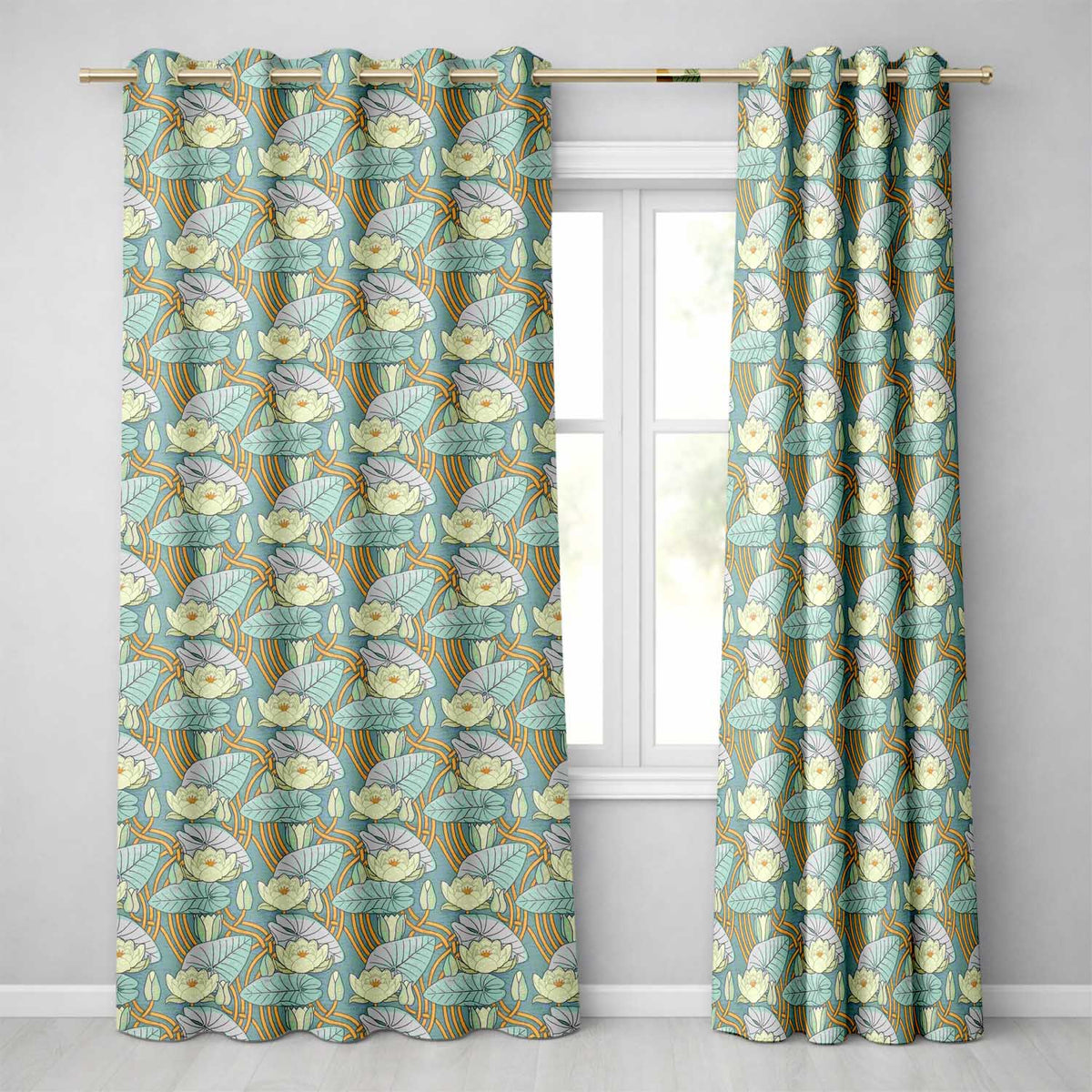 Art Nouveau Lily Pond Floral Seamless Pattern  Readymade Eyelet Ring Top Thermal 100% Blackout Curtains