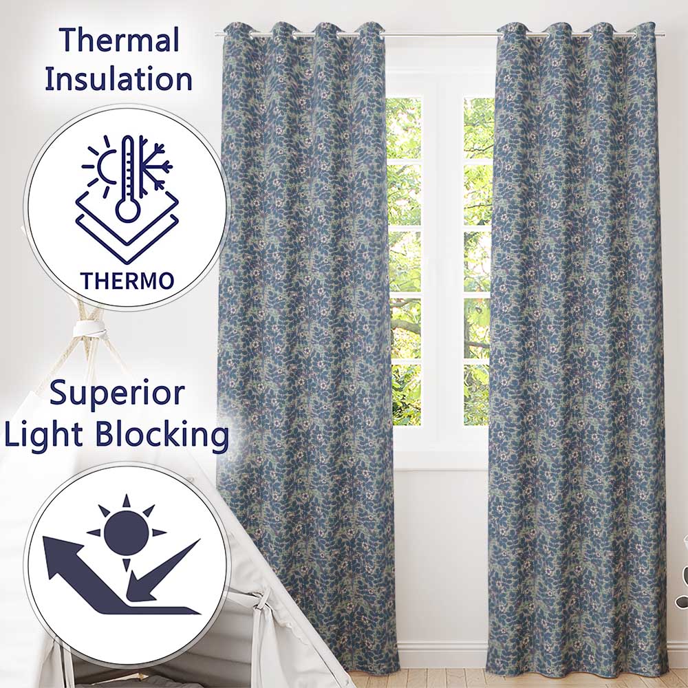 Blue Floral Vine Classic Heritage Seamless Pattern  Readymade Eyelet Ring Top Thermal 100% Blackout Curtains
