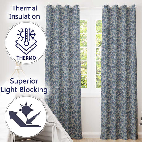 Blue Floral Vine Classic Heritage Seamless Pattern  Readymade Eyelet Ring Top Thermal 100% Blackout Curtains