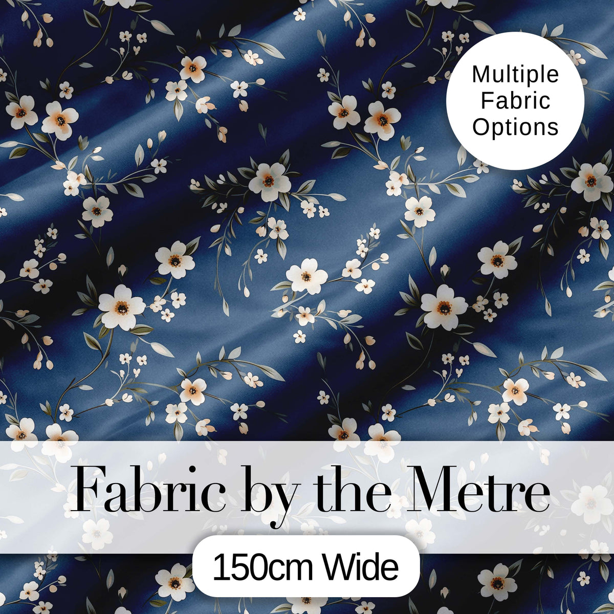 Elegant Navy Floral Vine Delicate Botanical Charming  Decor  Digital Print Material by the Metre UK Sewing Quilting Textile