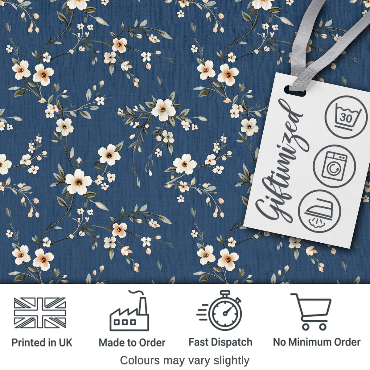 Elegant Navy Floral Vine Delicate Botanical Charming  Decor  Digital Print Material by the Metre UK Sewing Quilting Textile