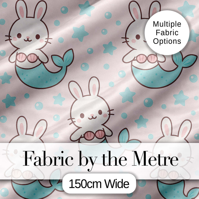 Cute Bunny Mermaid Cartoon Animal Pattern Stylish Everyday   Digital Print Material by the Metre UK Sewing Quilting Textile