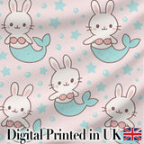 Cute Bunny Mermaid Cartoon Animal Pattern Stylish Everyday   Digital Print Material by the Metre UK Sewing Quilting Textile