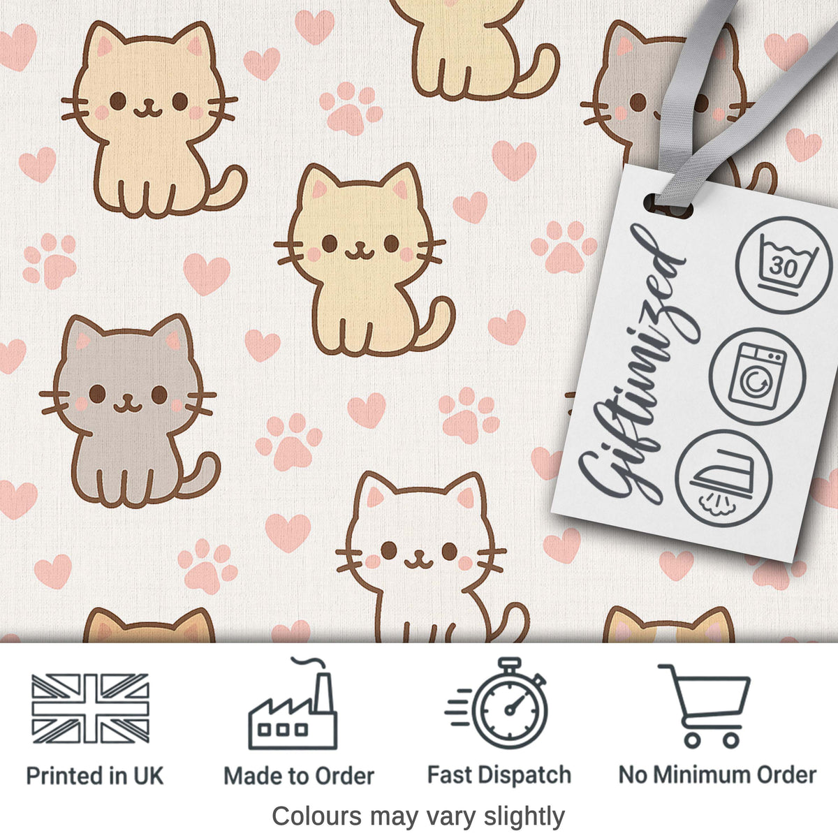 Cute Kitten Hearts Cartoon Animal Pattern Charming  Decor  Digital Print Material by the Metre UK Sewing Quilting Textile