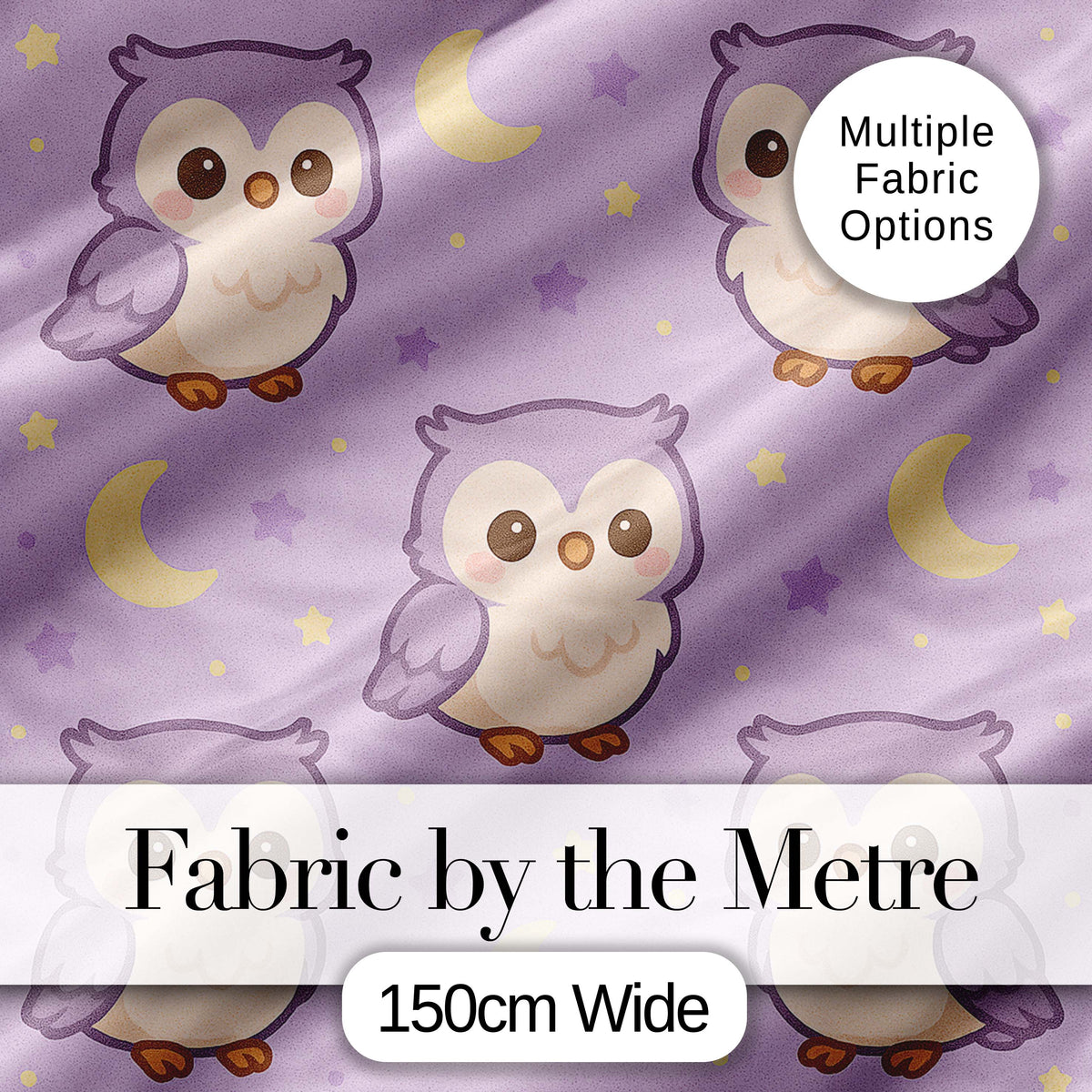 Cute Night Owl Moon Cartoon Animal Pattern Charming  Decor  Digital Print Material by the Metre UK Sewing Quilting Textile