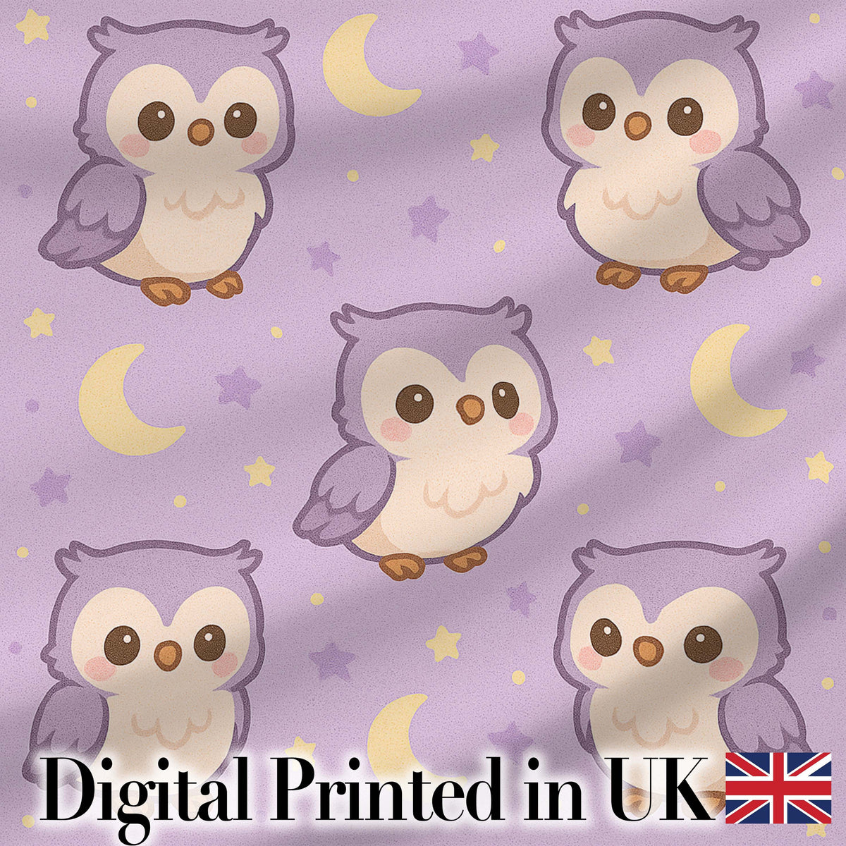 Cute Night Owl Moon Cartoon Animal Pattern Charming  Decor  Digital Print Material by the Metre UK Sewing Quilting Textile