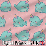 Cute Narwhal Unicorn Whale Cartoon Animal Pattern Cute Unique Gift  Digital Print Material by the Metre UK Sewing Quilting Textile