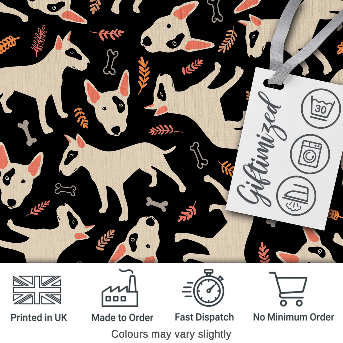 Bull Terrier Dogs Black Background Leaves Seamless Pattern Lovely  Digital Print Material by the Metre UK Sewing Quilting Textile