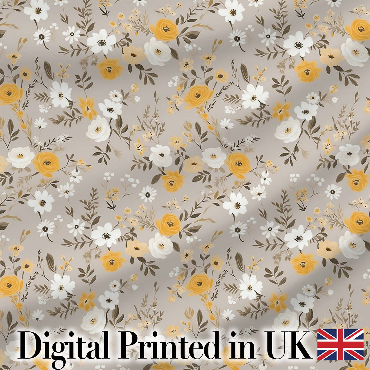 Yellow White Floral Meadow on Beige Seamless Pattern Lovely  Digital Print Material by the Metre UK Sewing Quilting Textile