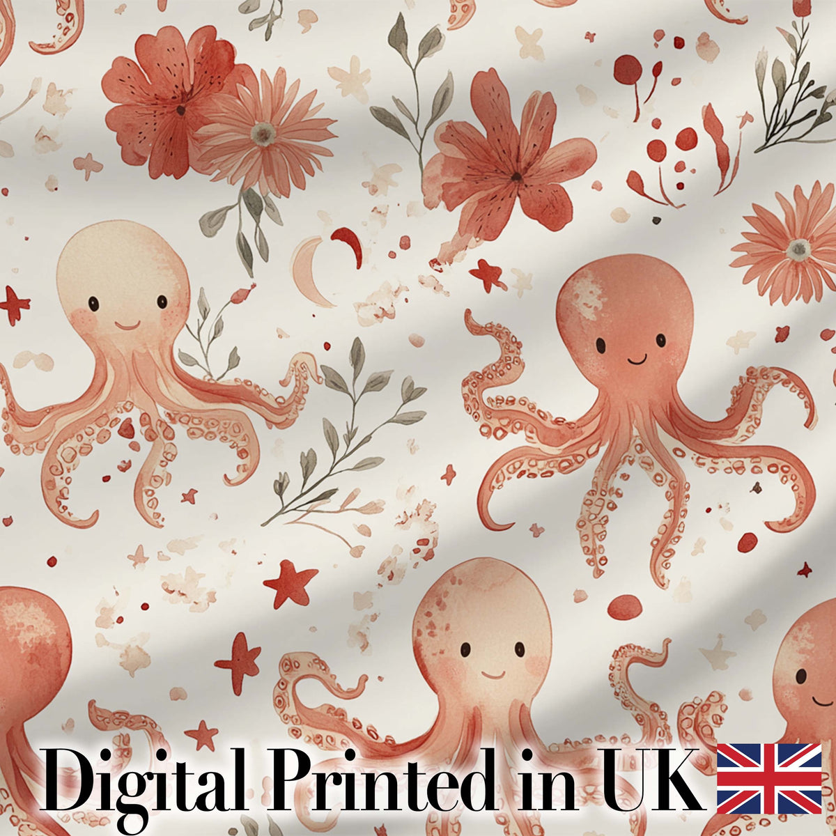 Cute Octopus and Floral Watercolor Seamless Pattern Cute Unique Gift  Digital Print Material by the Metre UK Sewing Quilting Textile