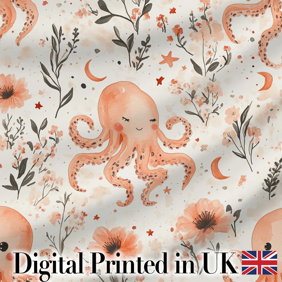 Cute Octopus Floral Seamless Pattern Charming  Decor Lovely  Digital Print Material by the Metre UK Sewing Quilting Textile