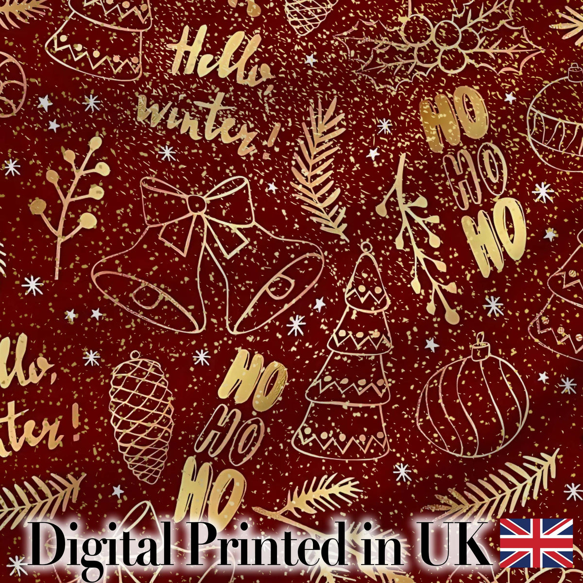 Christmas Gold Foil Typography Bells Tree Festive Seamless Pattern  Digital Print Material by the Metre UK Sewing Quilting Textile