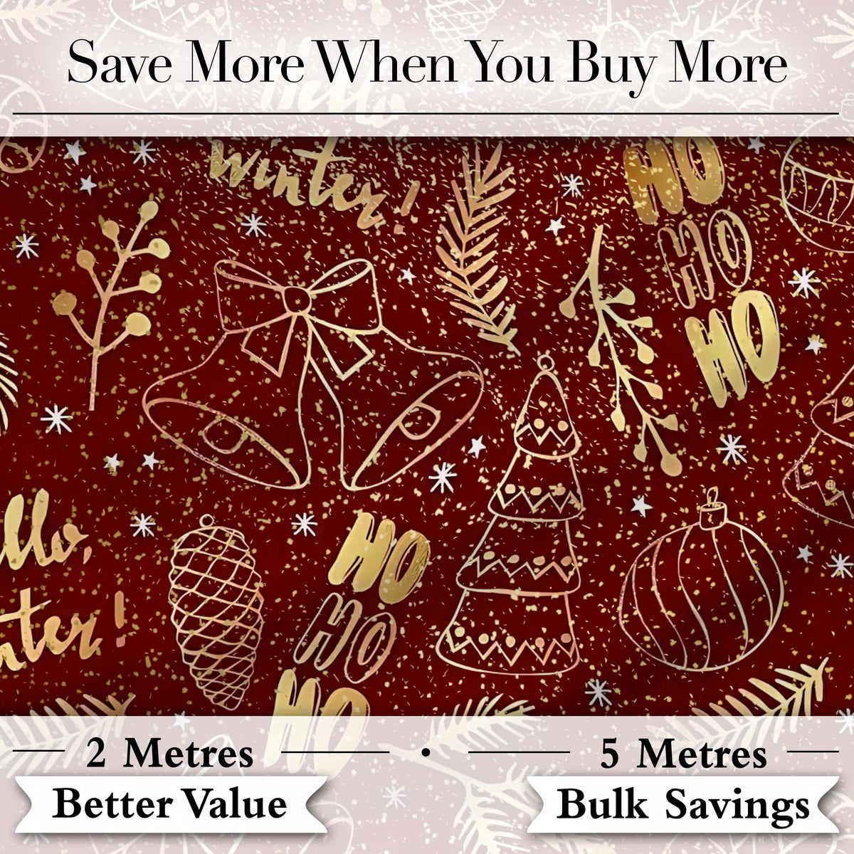 Christmas Gold Foil Typography Bells Tree Festive Seamless Pattern  Digital Print Material by the Metre UK Sewing Quilting Textile