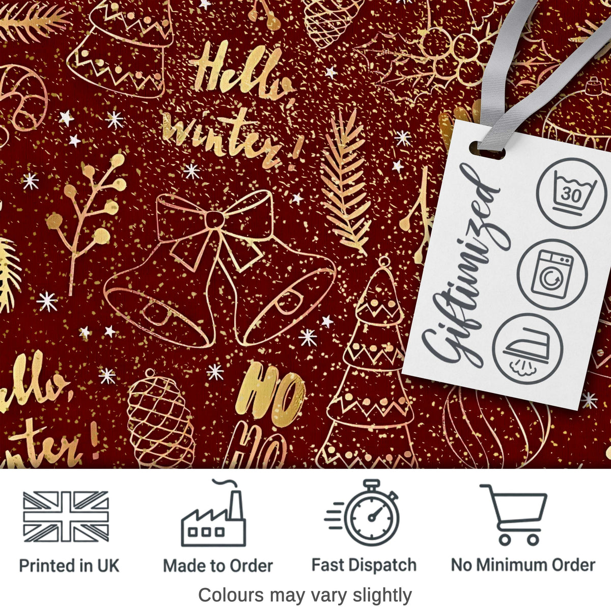 Christmas Gold Foil Typography Bells Tree Festive Seamless Pattern  Digital Print Material by the Metre UK Sewing Quilting Textile