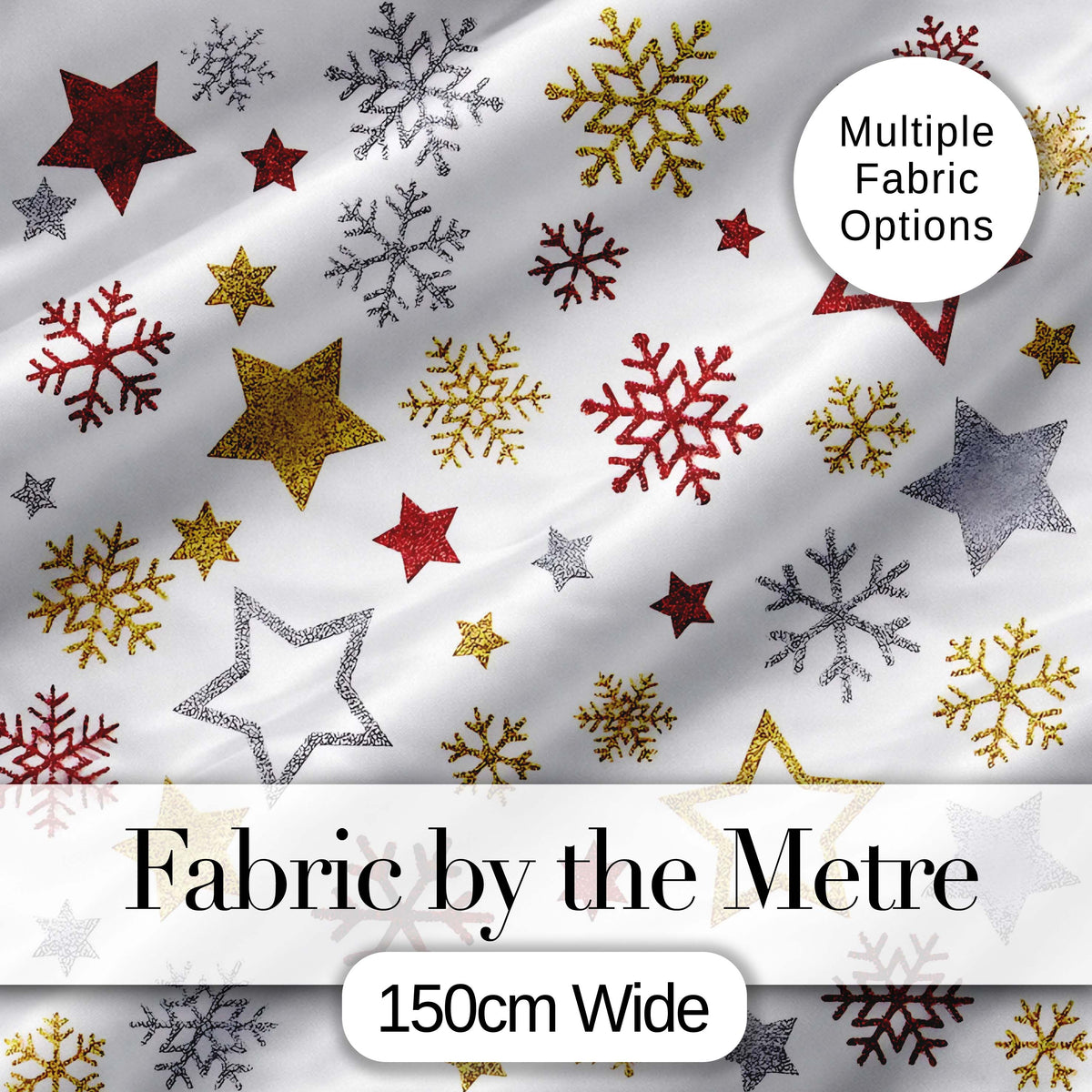 Festive Stars and Snowflakes Pattern White Background Seamless  Digital Print Material by the Metre UK Sewing Quilting Textile