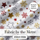 Festive Stars and Snowflakes Pattern White Background Seamless  Digital Print Material by the Metre UK Sewing Quilting Textile